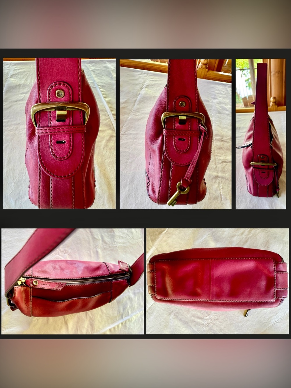 FOSSIL Red Hobo Genuine Leather Shoulder Bag or Handheld Adjustable Strap w/Key - Picture 8 of 17